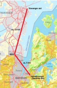 Kart som viser avstand mellom Vatnekrossen, Ikea og Stavanger Øs